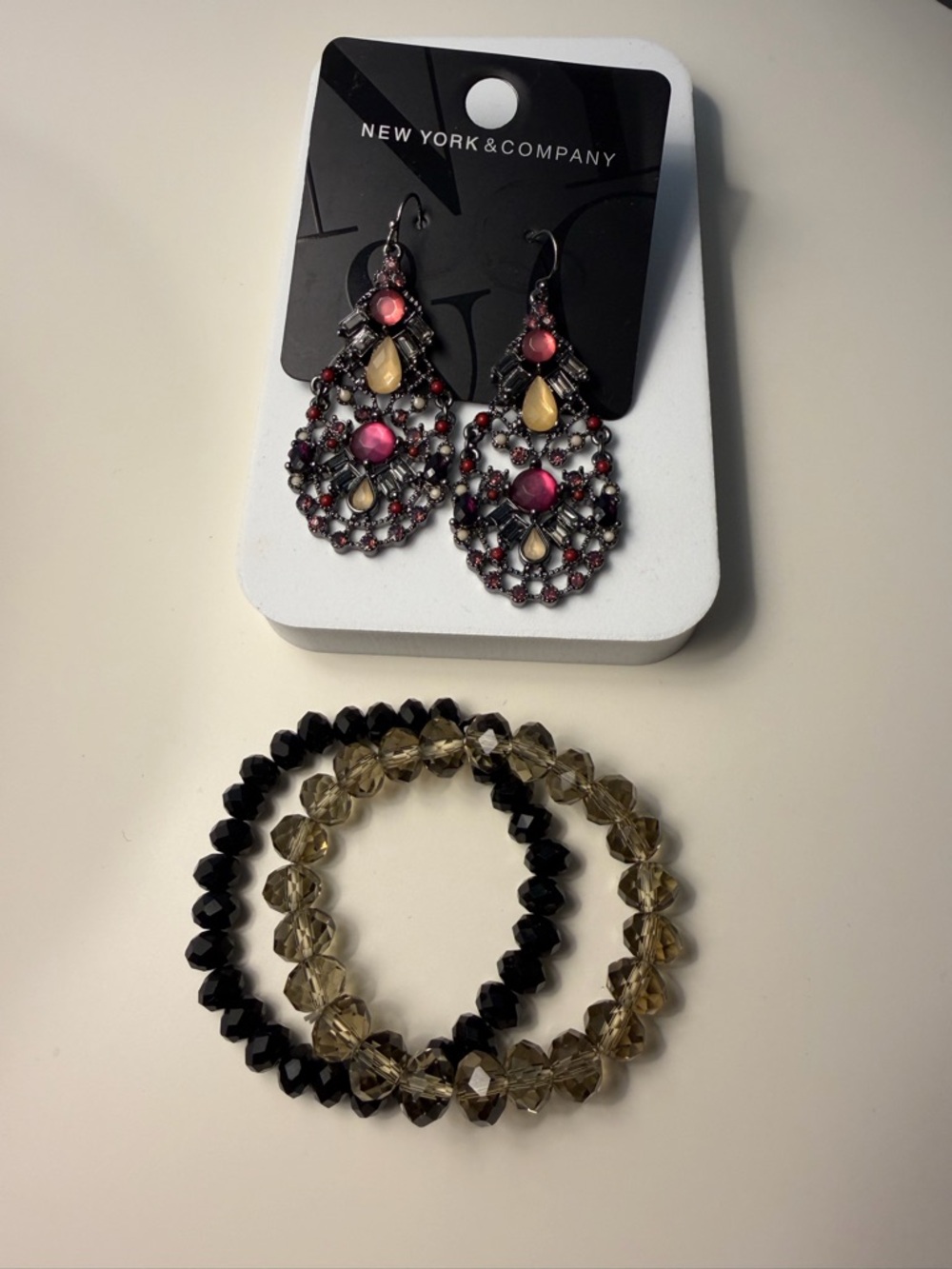 New York & Company Pink and Yellow Filigree Teardrop Earrings plus two bracelets
